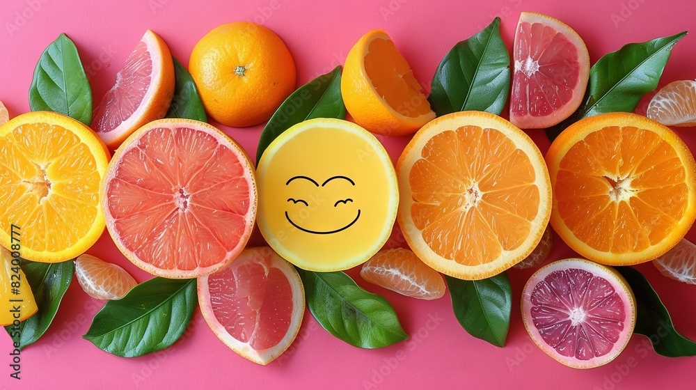 A collection of oranges, grapefruits, and grapefruits adorned with happy faces A collection of oranges, grapefruits, and grapefruits adorned with happy faces