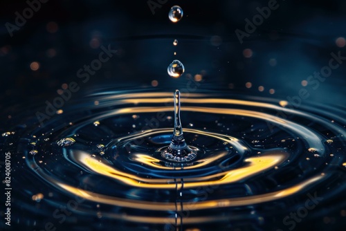 Close-up macro photography of a serene and pristine water droplet impact creating ripples and concentric patterns. Captured in high-speed fluid dynamics
