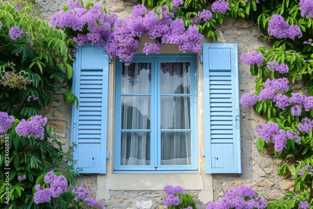 Picturesque window with blue shutters adorned by blooming purple wisteria