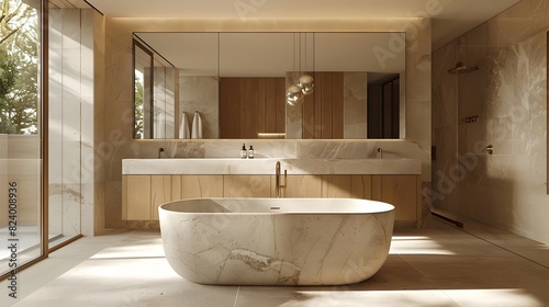 A bathroom designed in the style of Vincent Van Duysen  featuring a freestanding bathtub with white marble and light wood accents