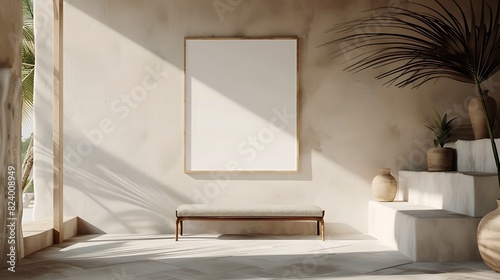 A mockup of a blank square photo frame hanging in the middle of wall with Mediterranean, coastal, beachy decoration in Room Captured in the style of architectural photography.,