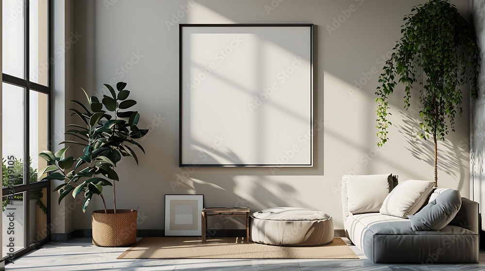 A mockup of a blank square photo frame hanging in the middle of wall with Scandinavian, Nordic, cozy decoration in Room Captured in the style of architectural photography., A mockup of a blank square photo frame hanging in the middle of wall with Scandinavian, Nordic, cozy decoration in Room Captured in the style of architectural photography.,