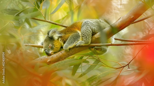  A blurry green background with red and yellow flowers  features a koala resting on a tree branch