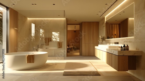A bathroom designed in the style of Vincent Van Duysen, featuring a freestanding bathtub with white marble and light wood accents