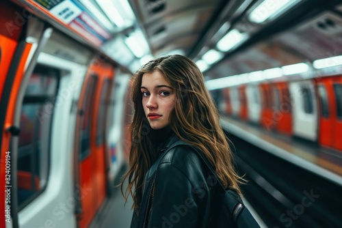 Elegant young woman in a leather jacket inside a subway car looking back