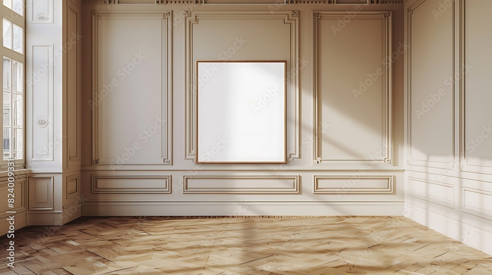A mockup of a blank square photo frame hanging in the middle of wall with French country, provincial, charming decoration in Room Captured in the style of architectural photography., A mockup of a blank square photo frame hanging in the middle of wall with French country, provincial, charming decoration in Room Captured in the style of architectural photography.,
