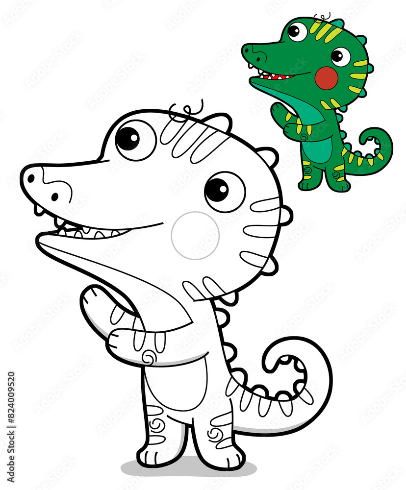 Fototapeta premium cartoon scene with happy funny dinosaur dino lizard dragon kid having fun childhood playing kindergarten isolated background colorful illustration coloring page with preview