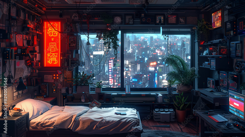 Futuristic bedroom with neon sign, tech gadgets, and city skyline view Futuristic bedroom with neon sign, tech gadgets, and city skyline view
