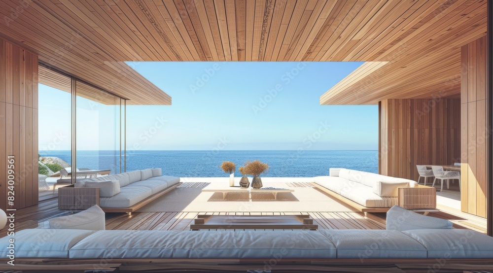 An architectural rendering of modern coastal terrace, wood ceiling and walls An architectural rendering of modern coastal terrace, wood ceiling and walls