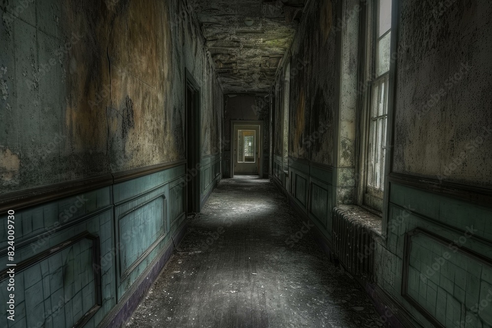 Dimly lit hallway in an abandoned building, with peeling paint and a sense of mystery