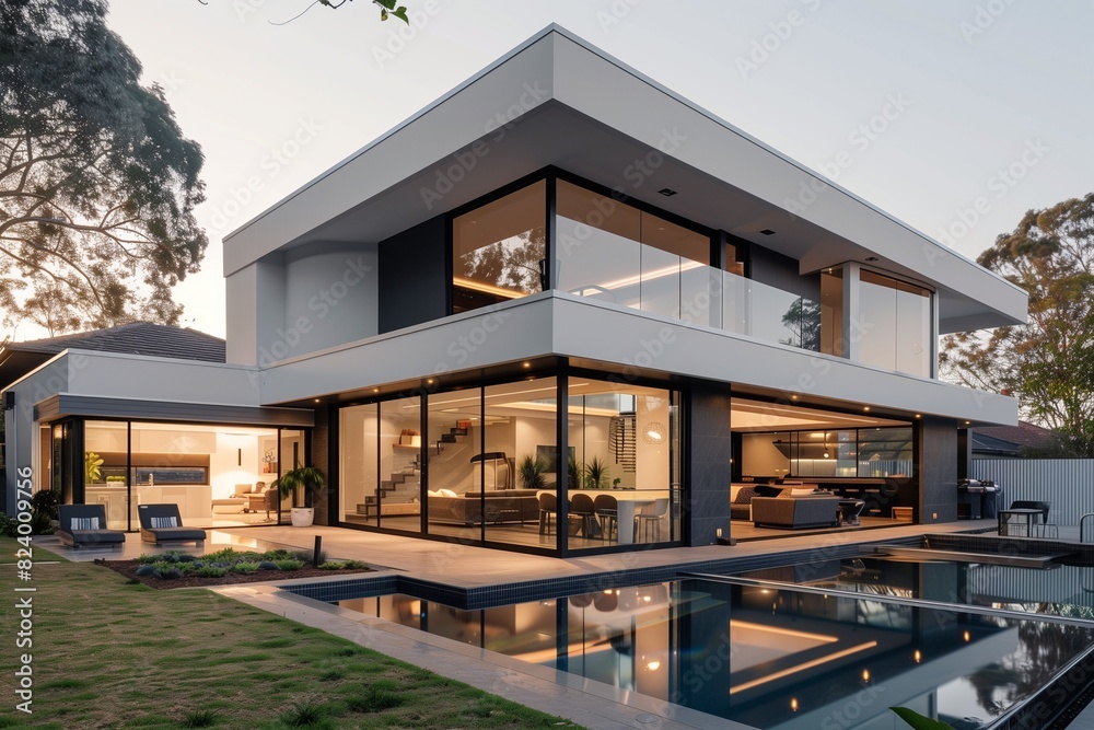 Fototapeta premium : A sleek modernist suburban house with clean lines, a flat roof, and a facade of glass and steel, featuring an infinity pool in the backyard.