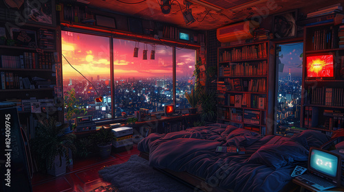 Cozy room with a view of a futuristic city skyline at sunset