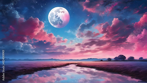 Blue and pink sky with clouds in night scene. There is a full moon and glitter light reflect on the background  below is a field and river  realistic light and shade 