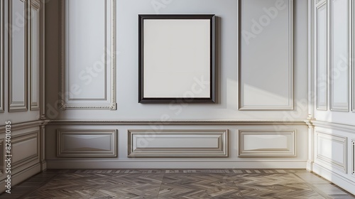 A mockup of a blank square photo frame hanging in the middle of wall with Victorian  antique  ornate decoration in Room Captured in the style of architectural photography. 