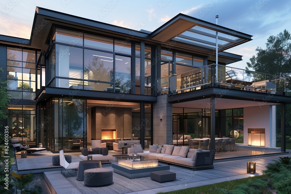 : A sophisticated modern suburban house with a glass and steel exterior, a cantilevered second floor, and a luxurious outdoor patio with a fireplace and seating area. : A sophisticated modern suburban house with a glass and steel exterior, a cantilevered second floor, and a luxurious outdoor patio with a fireplace and seating area.