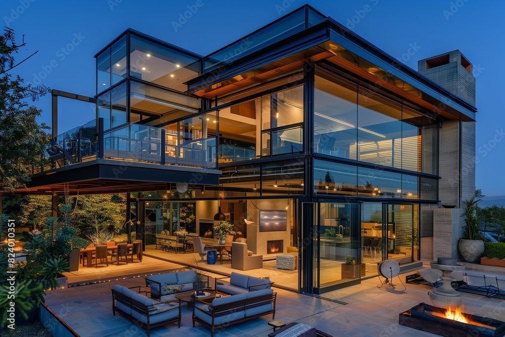 Picture of : A sophisticated modern suburban house with a glass and steel exterior ...