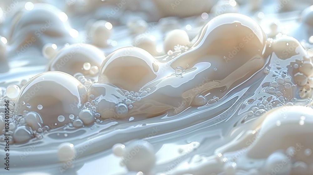A group of white balls floating in a water-filled container atop white bubbles A group of white balls floating in a water-filled container atop white bubbles