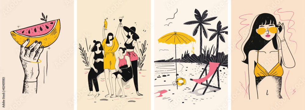 Fototapeta premium Collection of minimal summer poster cover designs. Summer vacation background