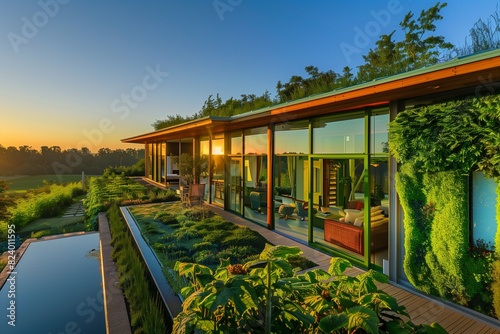: A sustainable eco-friendly suburban house with green walls, a living roof, and large floor-to-ceiling windows that provide a panoramic view of the surrounding nature. © Zeeshan