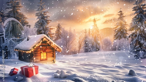 Celebrate the arrival of new year 2025 with a picturesque snowy landscape and joyful gift giving photo
