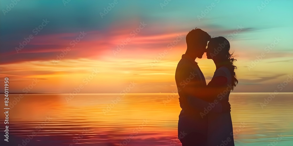 Romantic silhouettes embrace against a vibrant sunset backdrop on a sandy beach. Concept Beach, Sunset, Silhouettes, Romance, Vibrant