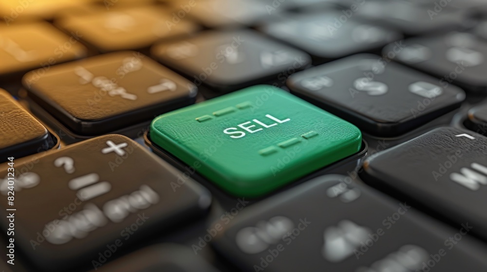 A green button is placed on top of a computer keyboard, ready for interaction or input A green button is placed on top of a computer keyboard, ready for interaction or input