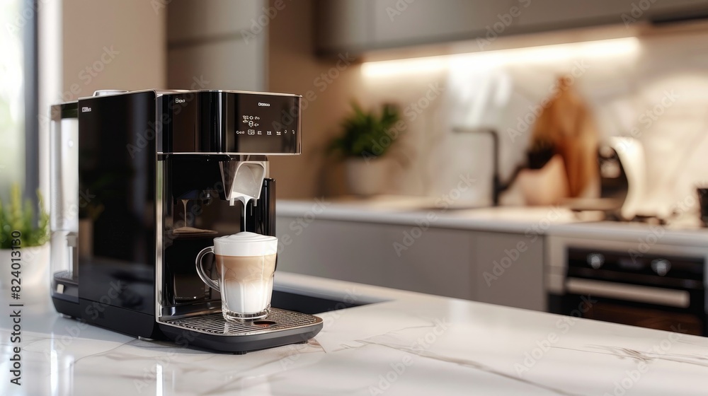 A sleek modern coffee machine alongside a glass cup filled with creamy latte, perfectly placed on a white marble countertop in a well-lit kitchen setting A sleek modern coffee machine alongside a glass cup filled with creamy latte, perfectly placed on a white marble countertop in a well-lit kitchen setting