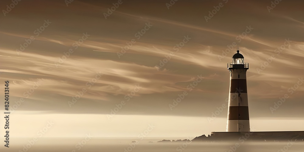 A lone lighthouse stands amidst a vast expanse of sea and sky. Concept Seascape, Lighthouse, Solitude, Nature, Tranquility