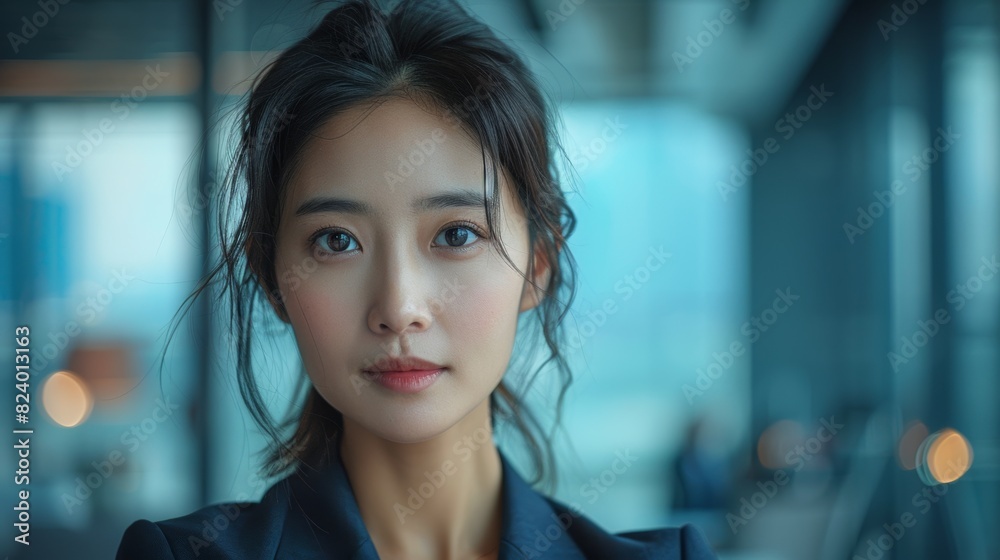 female leadership, confident asian female director leads a sleek office meeting with glass walls, exuding determination and contemporary style in her posture