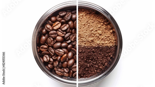 A split-view of a coffee grinder with one side showing whole coffee beans and the other displaying ground coffee, isolated on a white background.