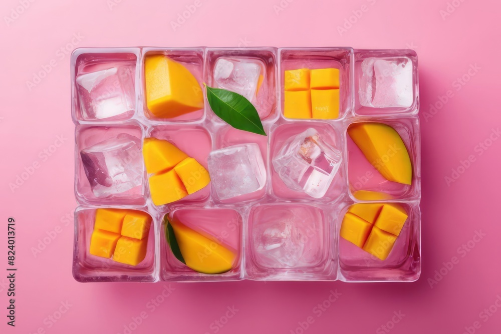 Slices of fresh juicy mango and ice cubes on pink background. Flat lay, top view. Summer freshness, poster design. Slices of fresh juicy mango and ice cubes on pink background. Flat lay, top view. Summer freshness, poster design.