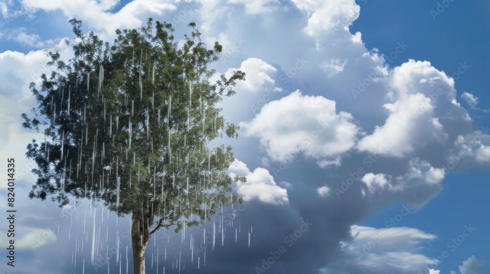 An imaginative stock image of a tree under a localized rain cloud against a backdrop of sunny skies and fluffy clouds.