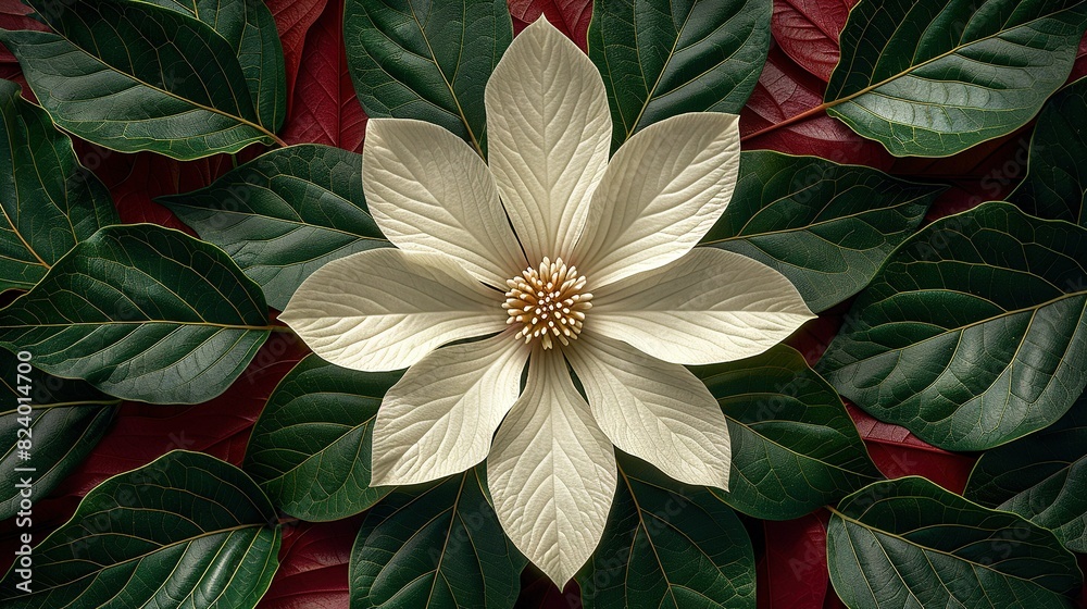 Red and green background with white center surrounded by green leaves and white petals Red and green background with white center surrounded by green leaves and white petals