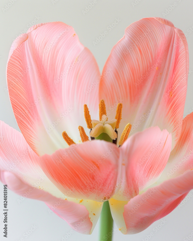 The image shows a stunning pink and white flower with a vibrant green stem in a closeup view