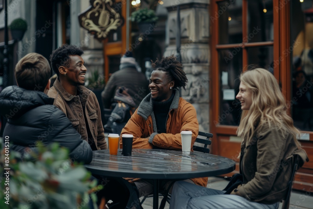 Group of friends sitting at a table and drinking coffee in the city Group of friends sitting at a table and drinking coffee in the city