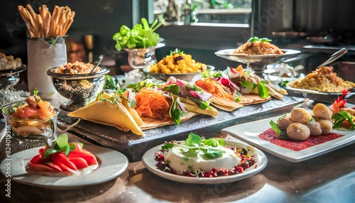 A table full of food with a variety of dishes including a tray of sandwiches