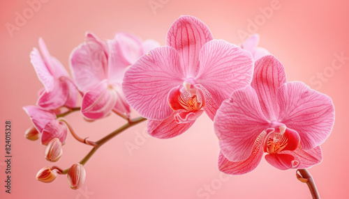 Close up of a pink orchid with a pink background, highlighting its beauty and delicate details