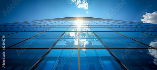Modern glass skyscraper reflecting sunlight against blue sky