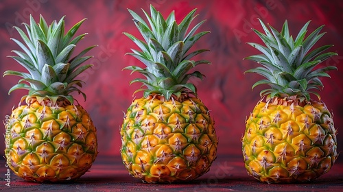  Three pineapples rest on a red tablecloth