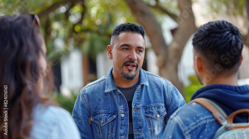 Young Hispanic tour guide in denim jacket gives a tour to tourists, emotionally telling an interesting story photo