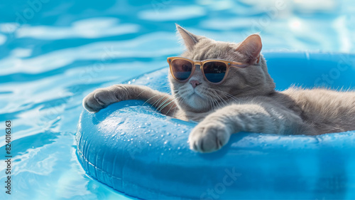 Cute scottish fold grey cat wearing sunglasses. The cat is relaxing in a pool ring, floating in a swimming cool with mild blue water, in a hot summer day.