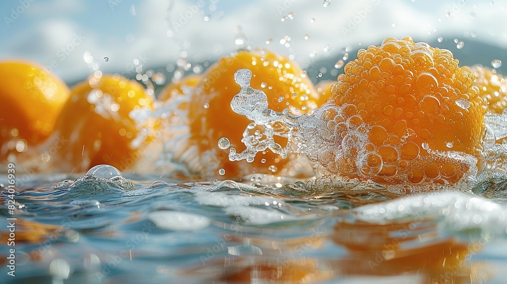 An array of oranges bobbing on water's surface with droplets An array of oranges bobbing on water's surface with droplets