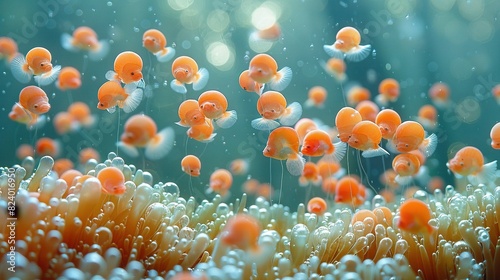  An orange-white school of fish glides atop a sea of green and white anemones