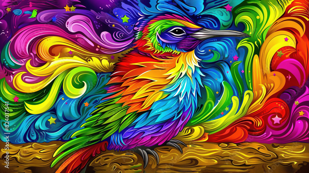 A vibrant bird perched atop a tree against a backdrop of lavender clouds, speckled with celestial bodies and intricate swirls A vibrant bird perched atop a tree against a backdrop of lavender clouds, speckled with celestial bodies and intricate swirls