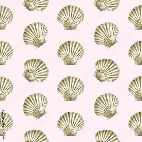 Seamless pattern of watercolor Seashells. Hand drawn illustration of sea Shell on pink background. Ocean Cockleshell marine underwater. Colorful drawing of Scallop. For print decoration, fabric wrapp