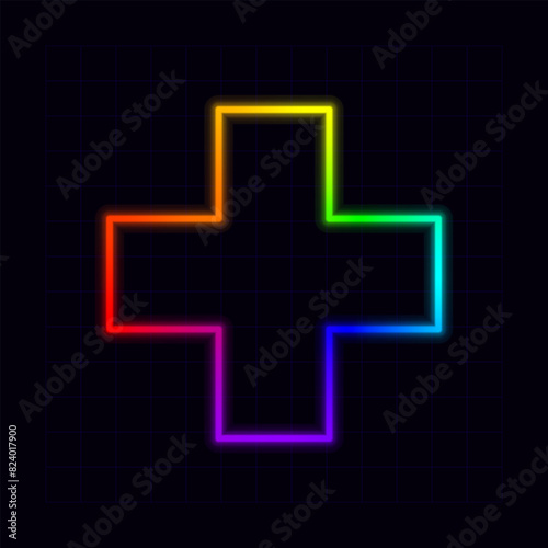 Plus icon, neon rainbow visuals, gradient mesh graphics.