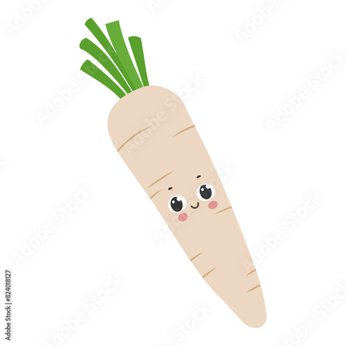 Cute funny smiling radish cartoon character vector illustration isolated on white background