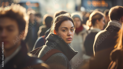 A woman in the middle of a crowd of people, She is in focus standing still while other people move in the city street