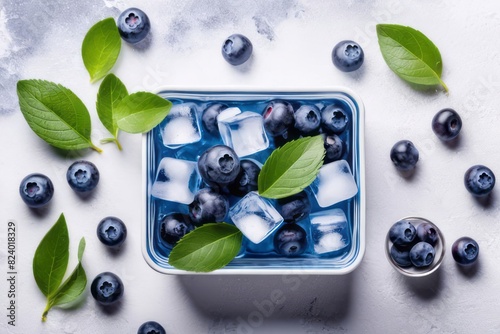 Fresh juicy blueberry and ice cubes on white stone background. Flat lay, top view. Citrus fruits cut. Summer freshness, poster design. 