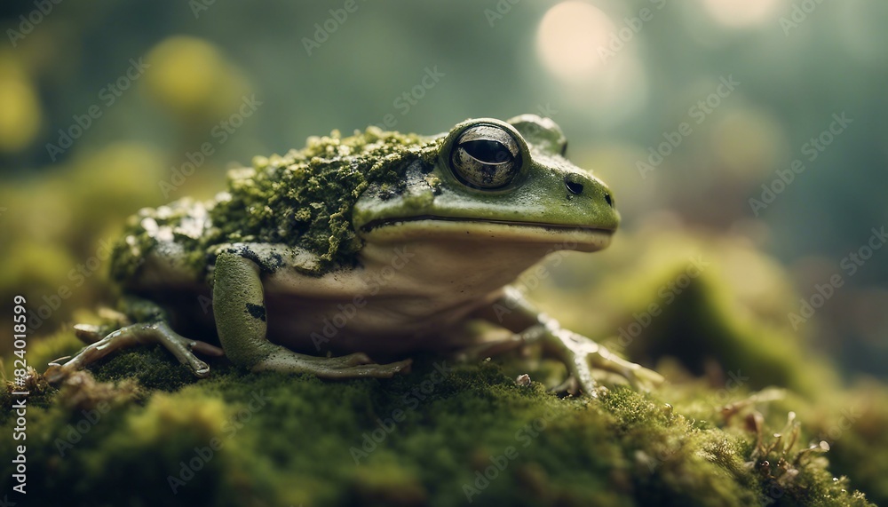A close-up shot of a small green tree frog with its mouth wide open, surrounded by moss and leafy plants. A close-up shot of a small green tree frog with its mouth wide open, surrounded by moss and leafy plants.